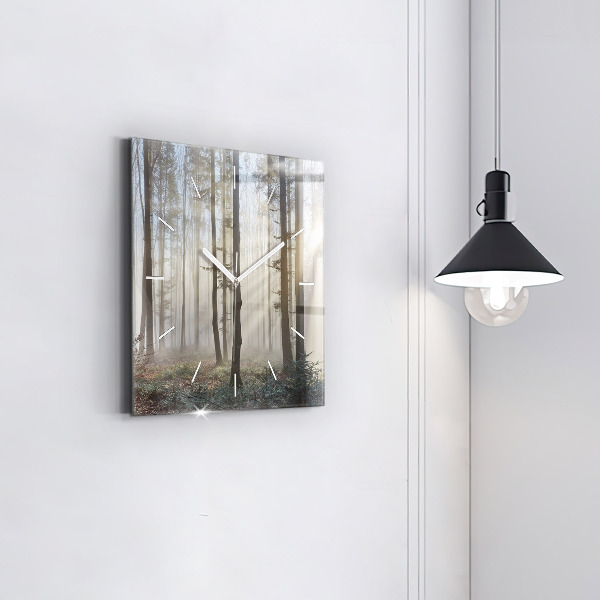 Square glass wall clock Forest in the fog