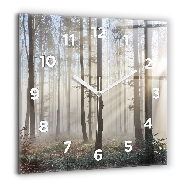 Square glass wall clock Forest in the fog