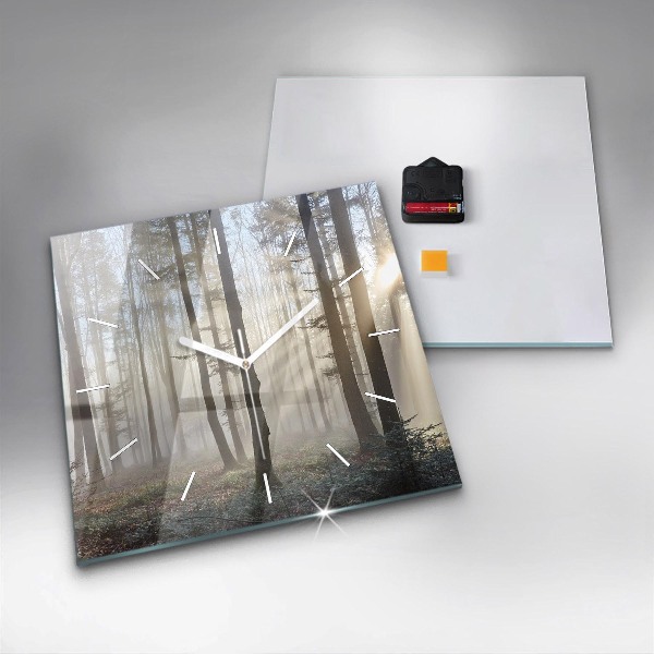 Square glass wall clock Forest in the fog