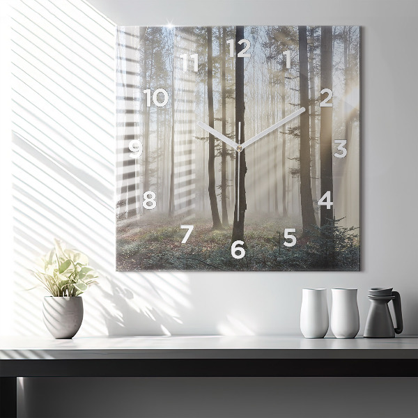 Square glass wall clock Forest in the fog