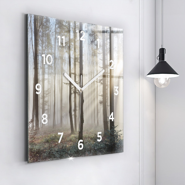 Square glass wall clock Forest in the fog