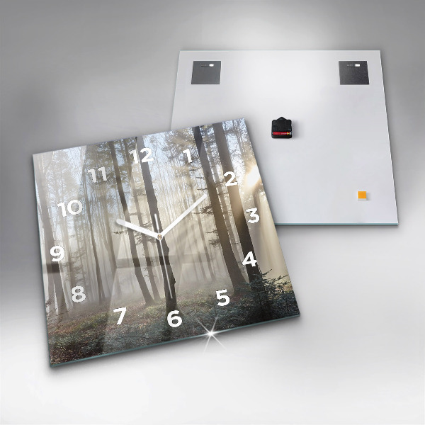 Square glass wall clock Forest in the fog