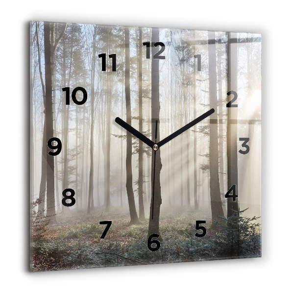 Square glass wall clock Forest in the fog