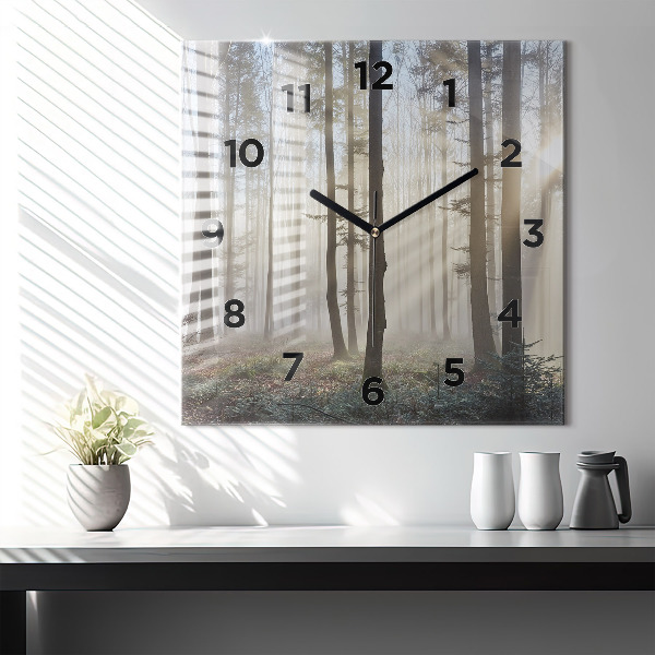 Square glass wall clock Forest in the fog