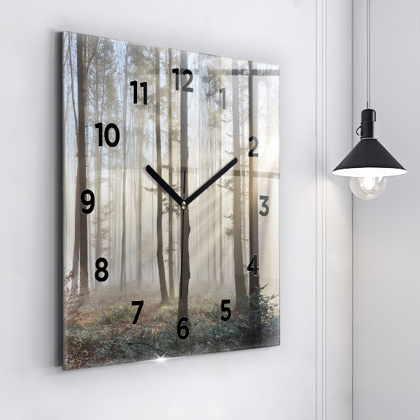 Square glass wall clock Forest in the fog