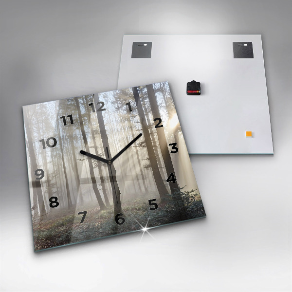 Square glass wall clock Forest in the fog