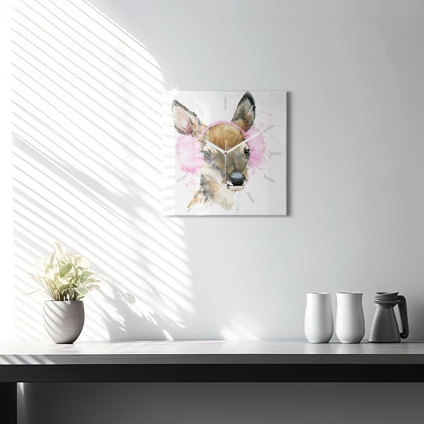 Square glass wall clock Forest deer