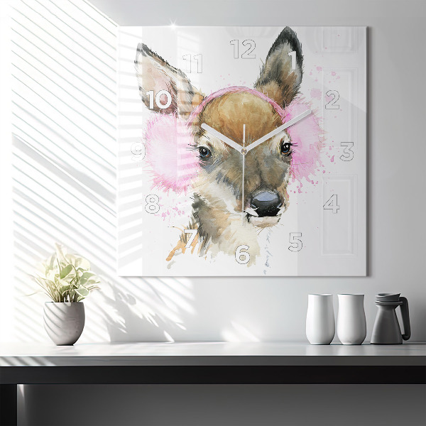 Square glass wall clock Forest deer