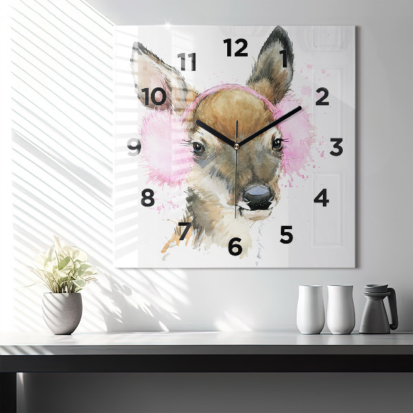 Square glass wall clock Forest deer
