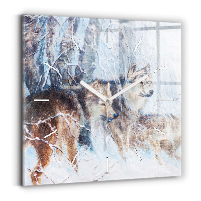 Square glass wall clock Wolves in the forest
