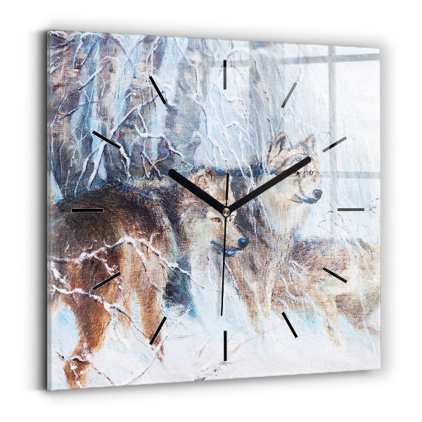 Square glass wall clock Wolves in the forest