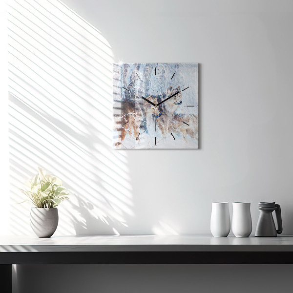 Square glass wall clock Wolves in the forest
