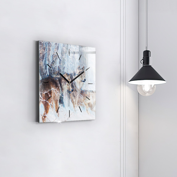 Square glass wall clock Wolves in the forest