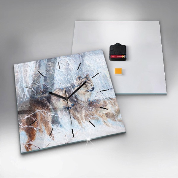 Square glass wall clock Wolves in the forest