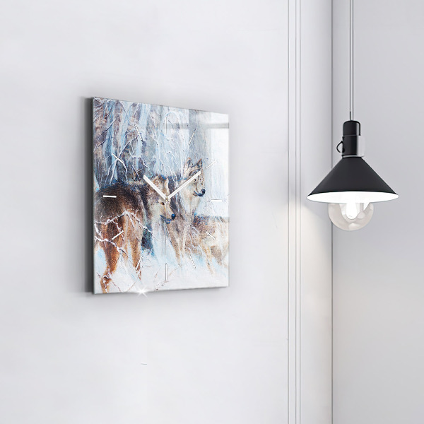 Square glass wall clock Wolves in the forest