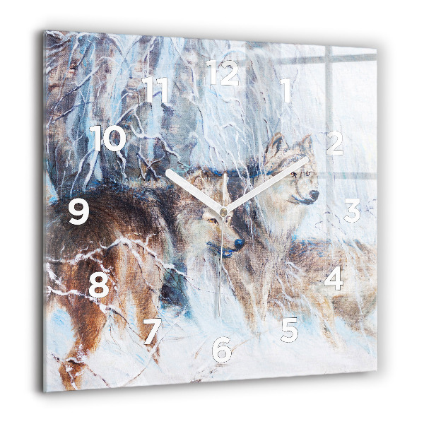 Square glass wall clock Wolves in the forest
