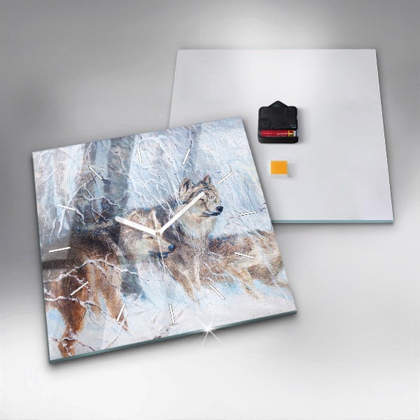 Square glass wall clock Wolves in the forest
