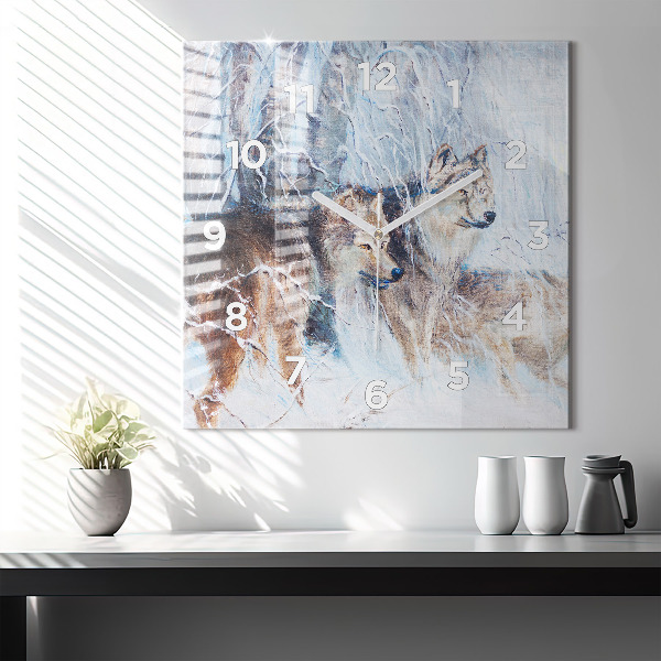 Square glass wall clock Wolves in the forest