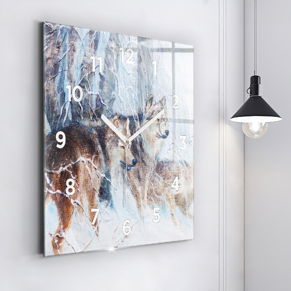 Square glass wall clock Wolves in the forest