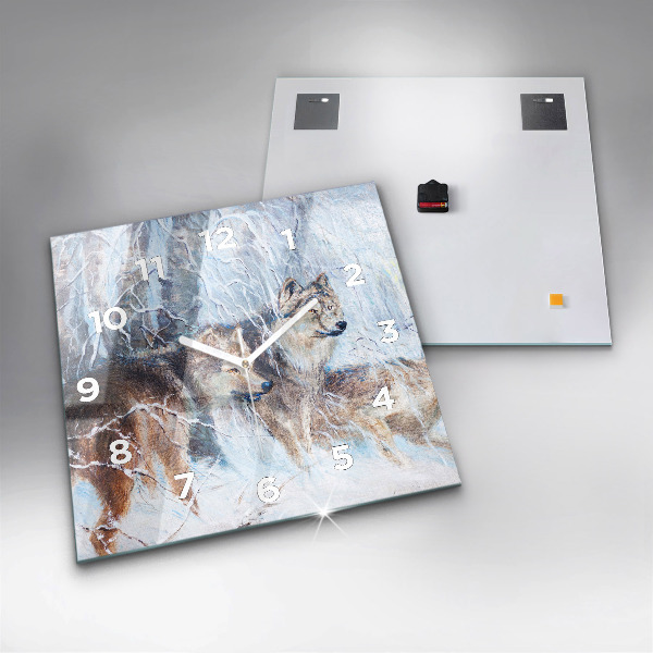 Square glass wall clock Wolves in the forest