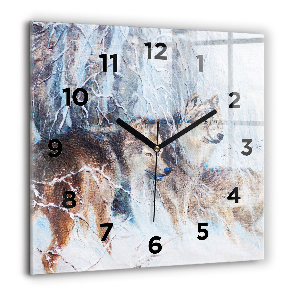 Square glass wall clock Wolves in the forest