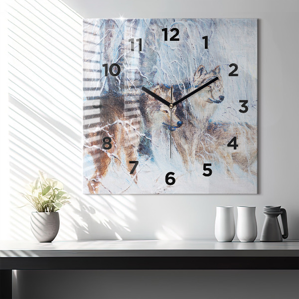 Square glass wall clock Wolves in the forest