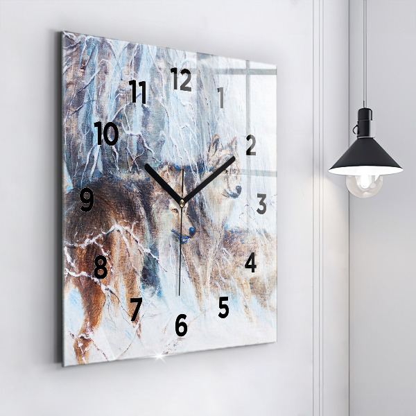 Square glass wall clock Wolves in the forest