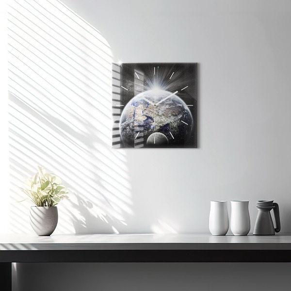 Square glass wall clock Earth Moon Sun