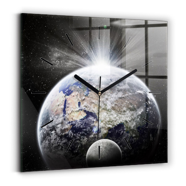 Square glass wall clock Earth Moon Sun