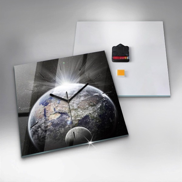 Square glass wall clock Earth Moon Sun