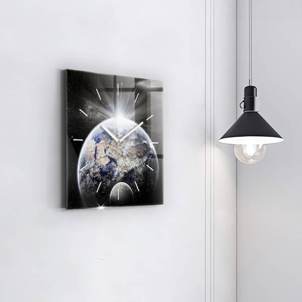 Square glass wall clock Earth Moon Sun