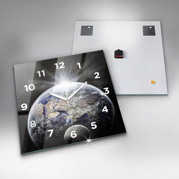 Square glass wall clock Earth Moon Sun