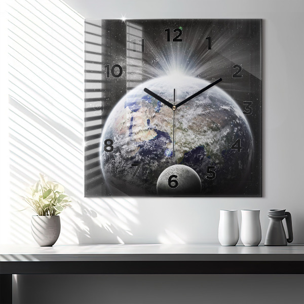Square glass wall clock Earth Moon Sun