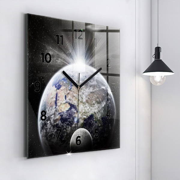 Square glass wall clock Earth Moon Sun