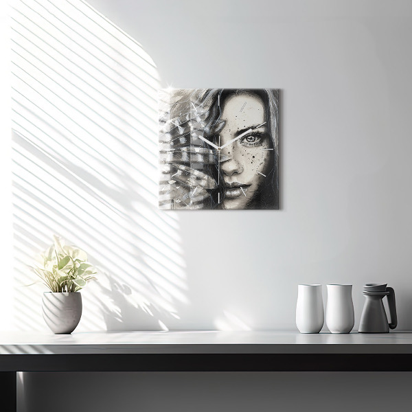 Square glass wall clock Painted portrait