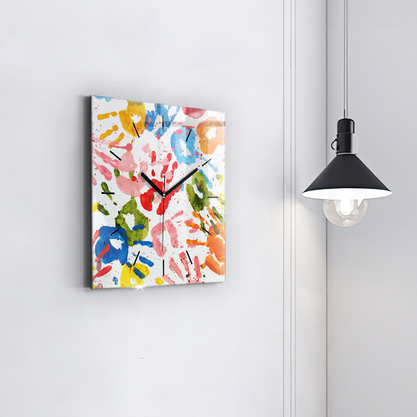 Square glass wall clock Children's handprints