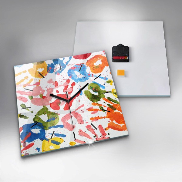 Square glass wall clock Children's handprints