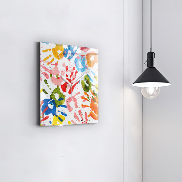 Square glass wall clock Children's handprints
