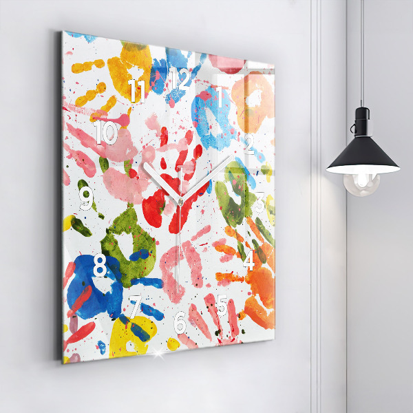 Square glass wall clock Children's handprints
