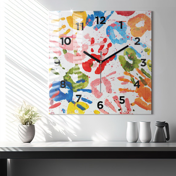 Square glass wall clock Children's handprints