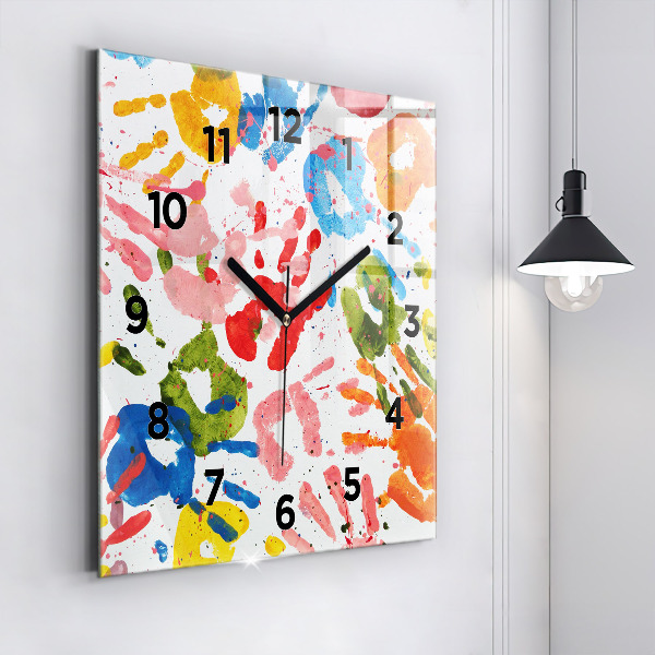 Square glass wall clock Children's handprints