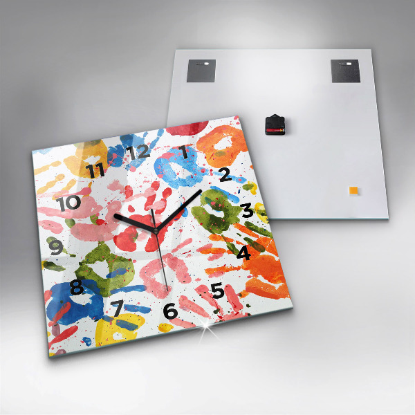 Square glass wall clock Children's handprints