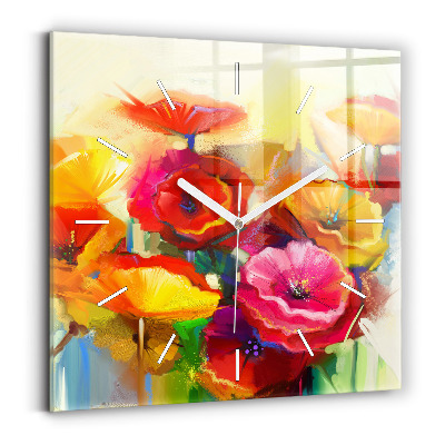 Square glass wall clock Colorful poppies