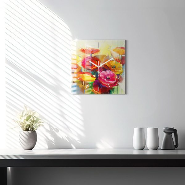 Square glass wall clock Colorful poppies
