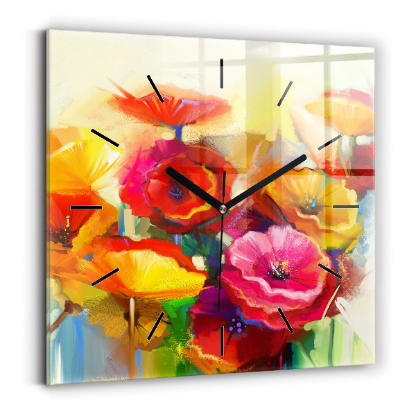 Square glass wall clock Colorful poppies