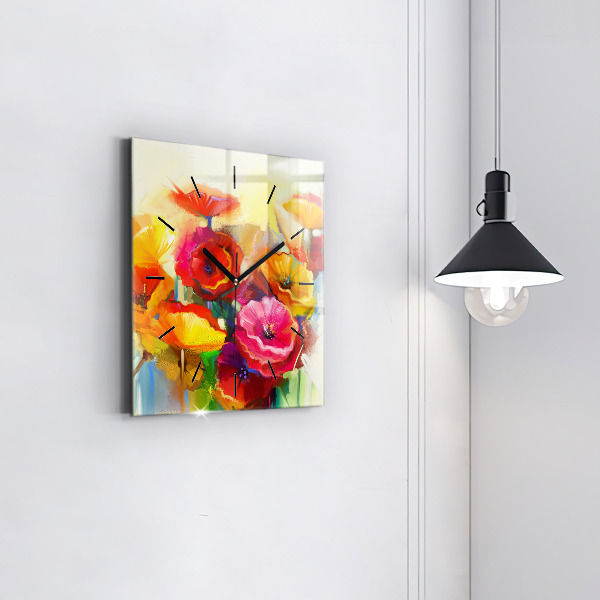 Square glass wall clock Colorful poppies