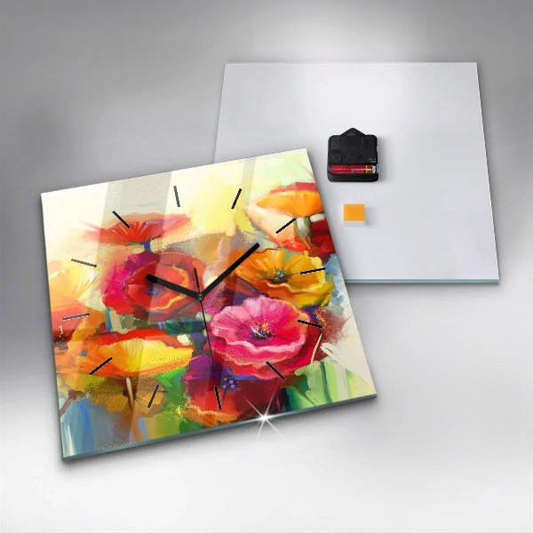 Square glass wall clock Colorful poppies