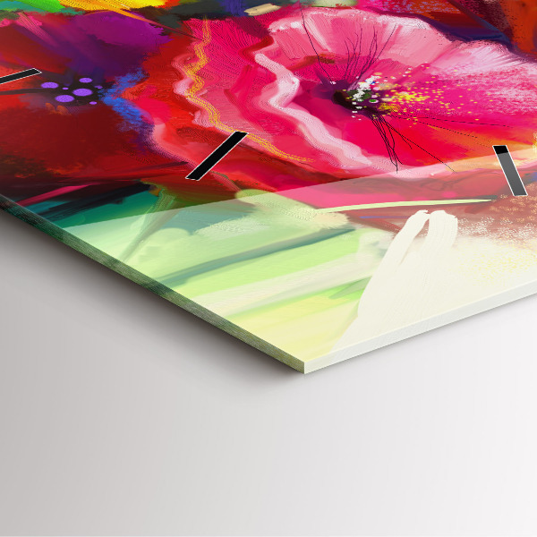 Square glass wall clock Colorful poppies