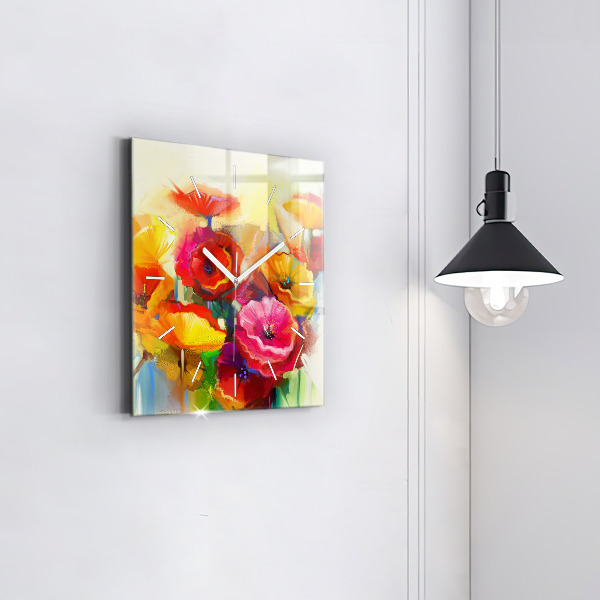 Square glass wall clock Colorful poppies