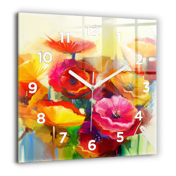 Square glass wall clock Colorful poppies